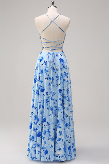 Blue Floral A Line Spaghetti Straps Maxi Dress With Slit